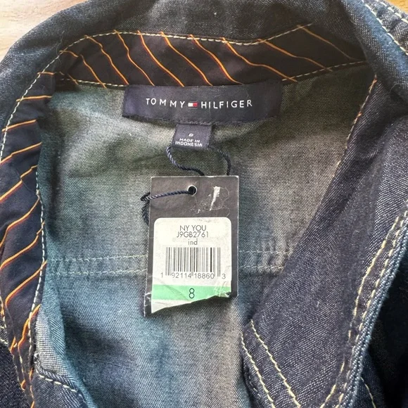 NWT TOMMY HILFIGER Dark Blue Denim Shirt Button Down Ruffle Hem Dress Size 8 - Picture 6 of 7
